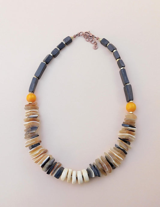 Handmade Horn & Naga Conch Shell Necklace with Colorful Kenyan Resin Beads
