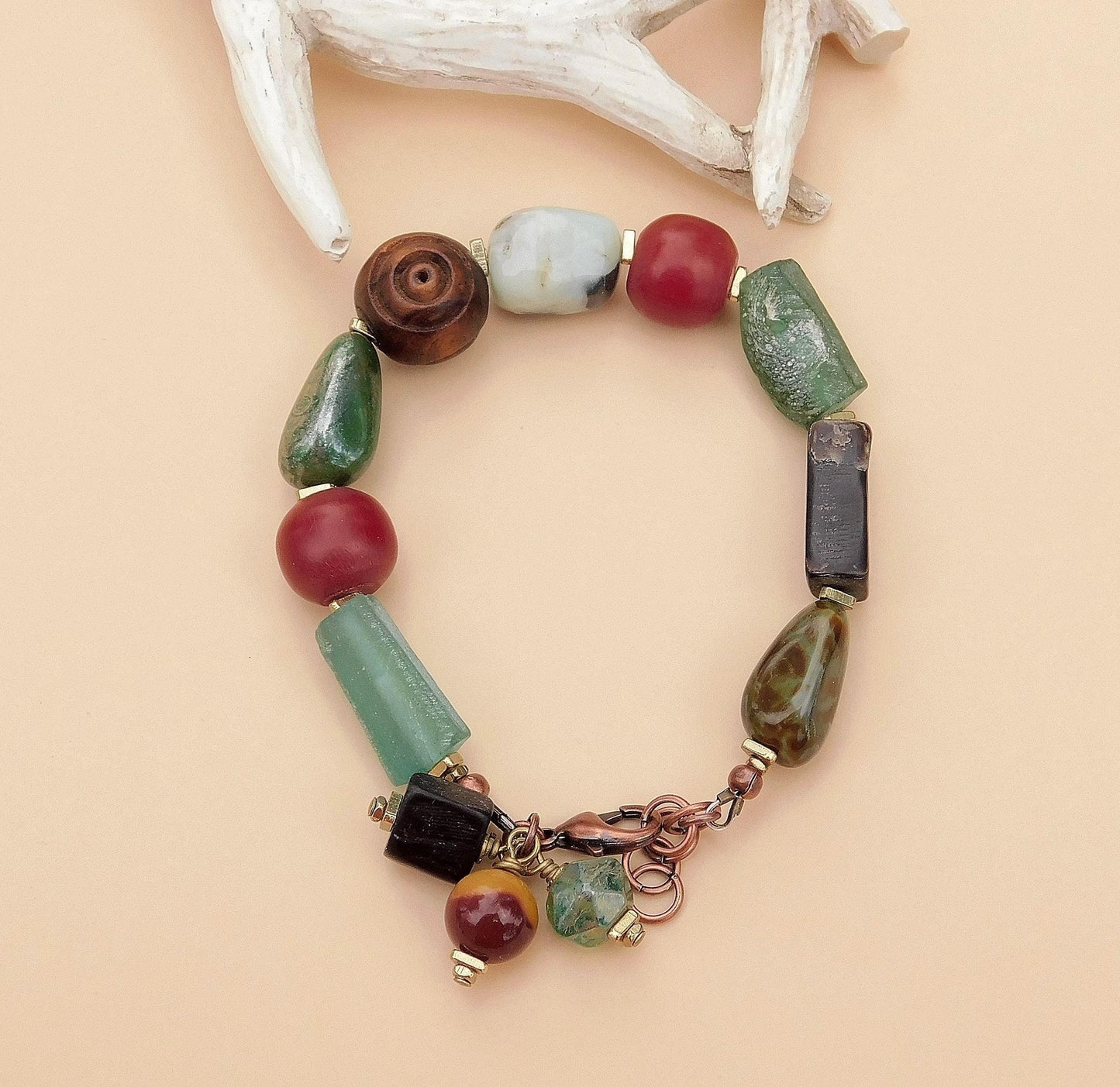 AfroBoho Mixed Media Roman Glass, Amazonite, Czech and Horn Beads