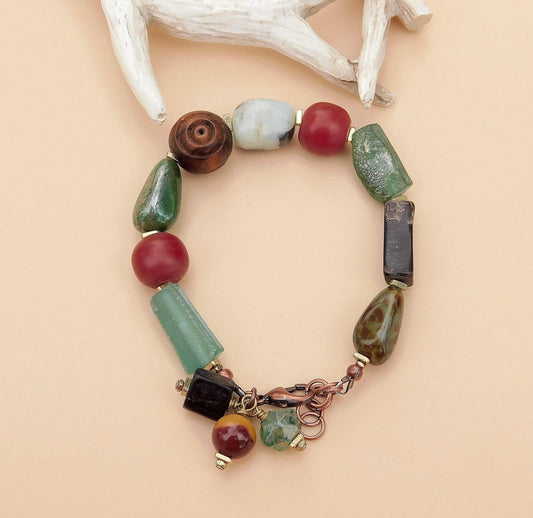 AfroBoho Mixed Media Roman Glass, Amazonite, Czech and Horn Beads