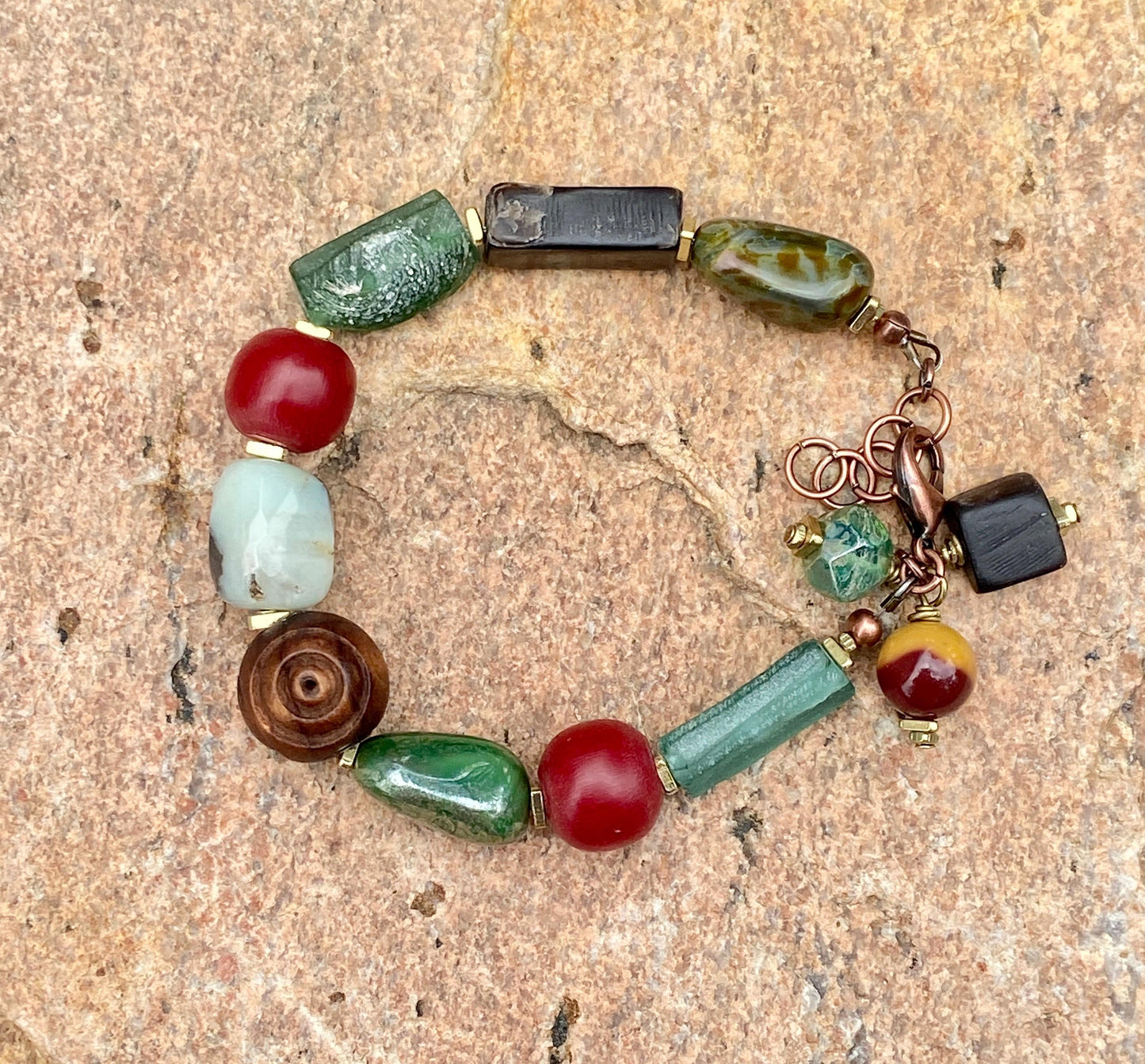AfroBoho Mixed Media Roman Glass, Amazonite, Czech and Horn Beads
