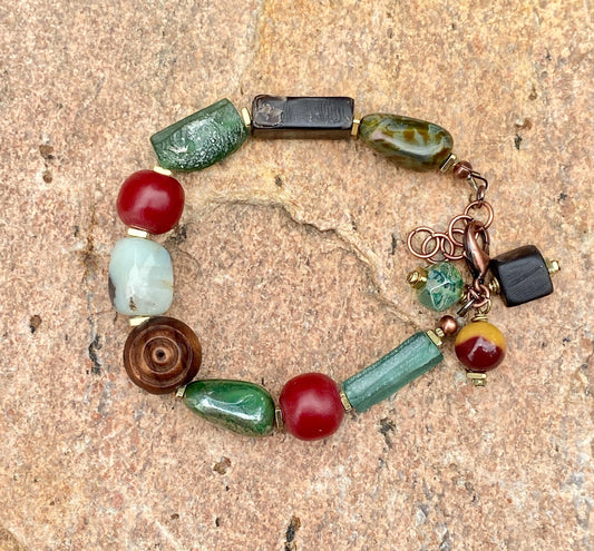 AfroBoho Mixed Media Roman Glass, Amazonite, Czech and Horn Beads