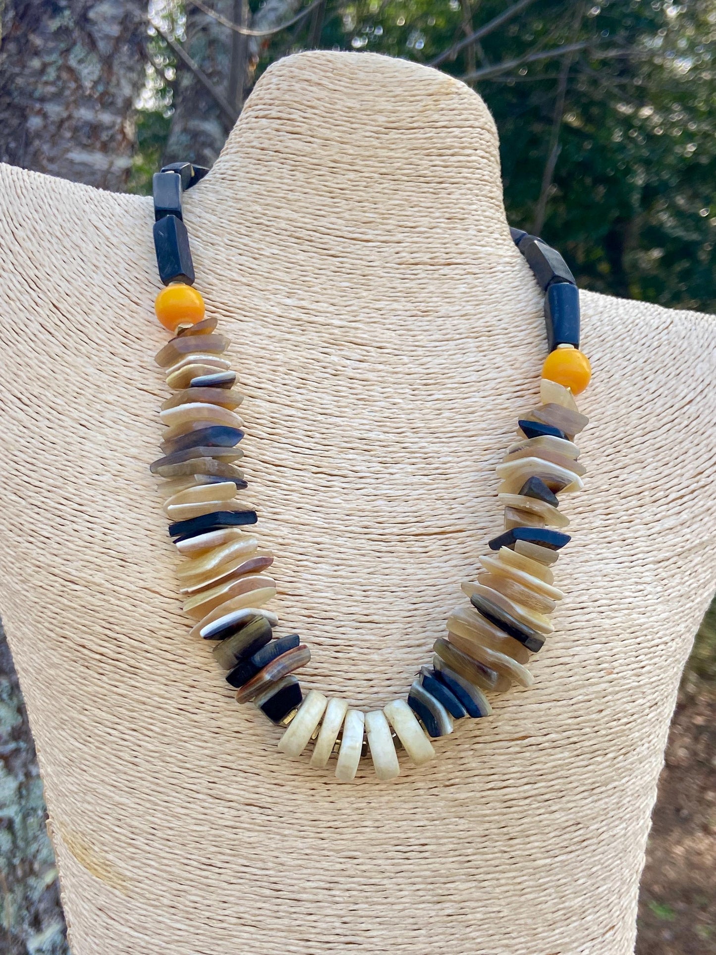 Handmade Horn & Naga Conch Shell Necklace with Colorful Kenyan Resin Beads
