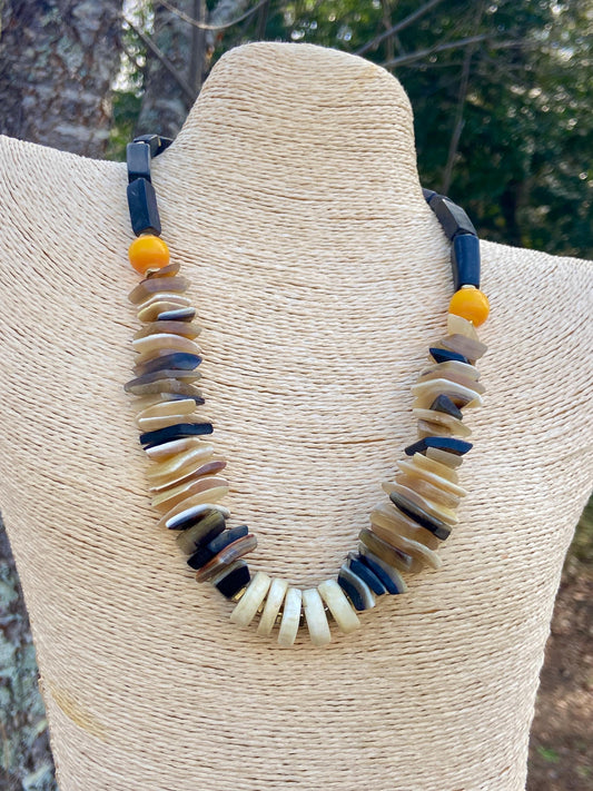Handmade Horn & Naga Conch Shell Necklace with Colorful Kenyan Resin Beads