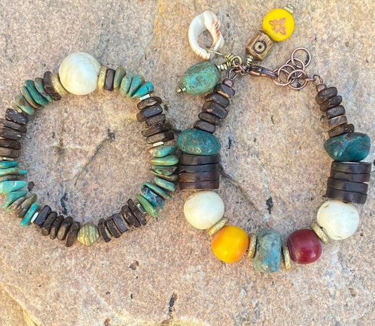 Boho Turquoise Bracelets, Vintage Naga Conch Shell, Coconut Wood and Colorful Resin