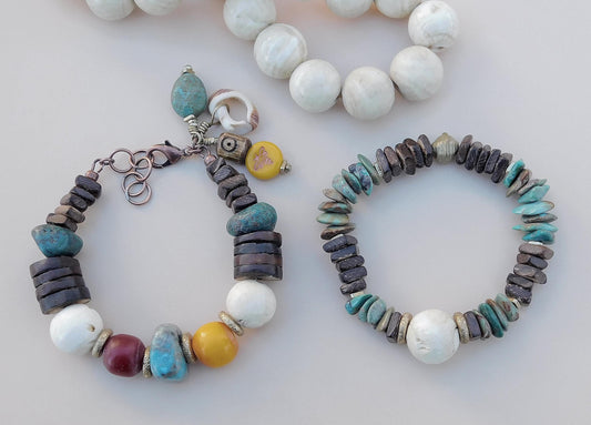 Boho Turquoise Bracelets, Vintage Naga Conch Shell, Coconut Wood and Colorful Resin