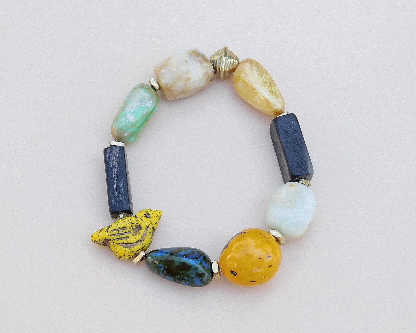 Boho Mixed Media Stretch Bracelet with Yellow Chirp