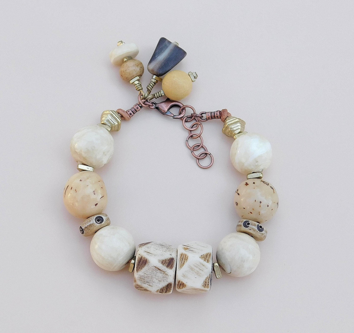 Tagua Seed Bead Bracelet: Naga Conch Shell, Bone & Brass