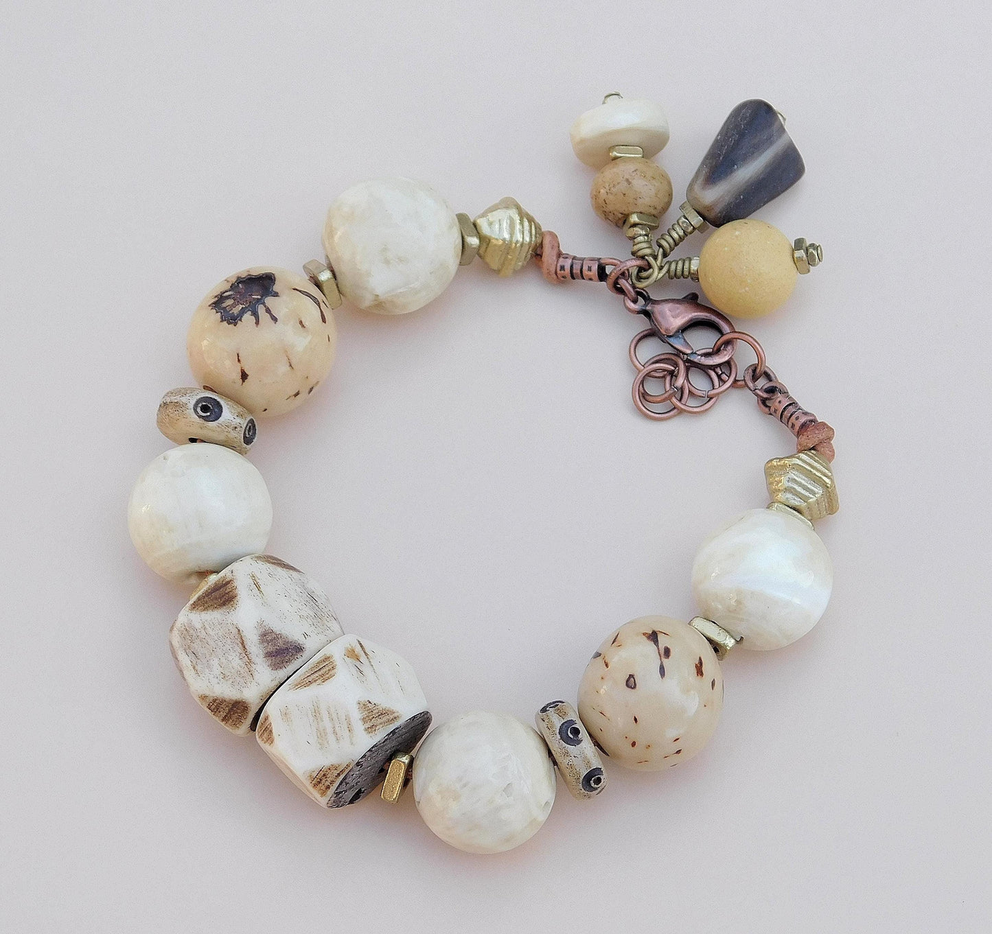 Tagua Seed Bead Bracelet: Naga Conch Shell, Bone & Brass