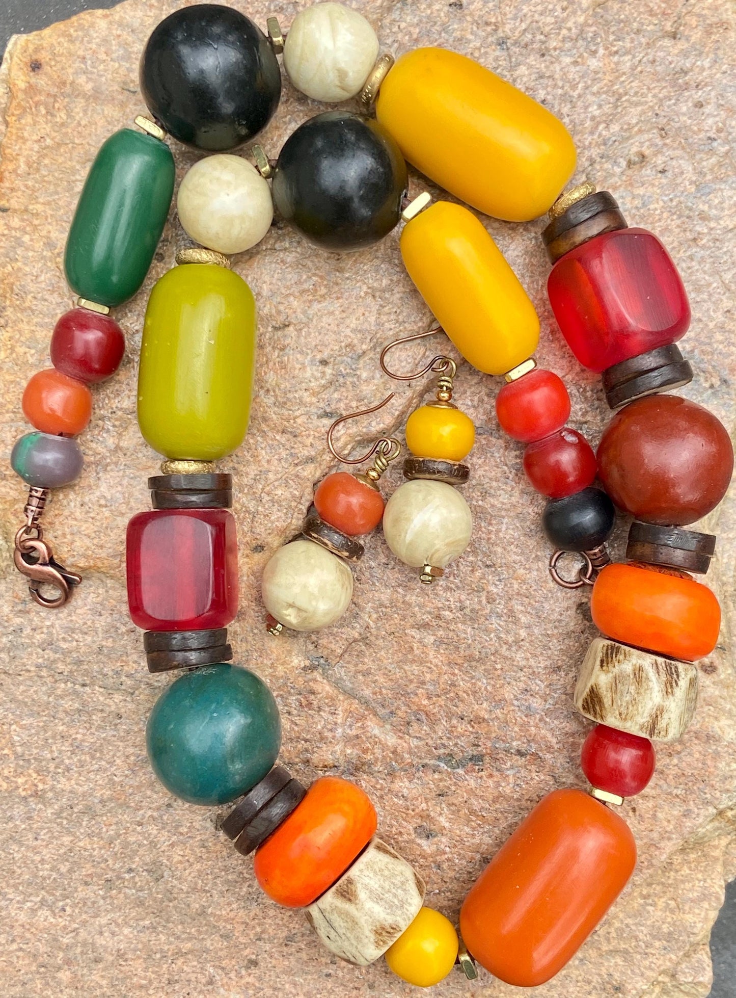 Mixed Media Necklace with Amber Resin Kenya Beads, Bone, Naga Conch & Coconut Heishi Beads