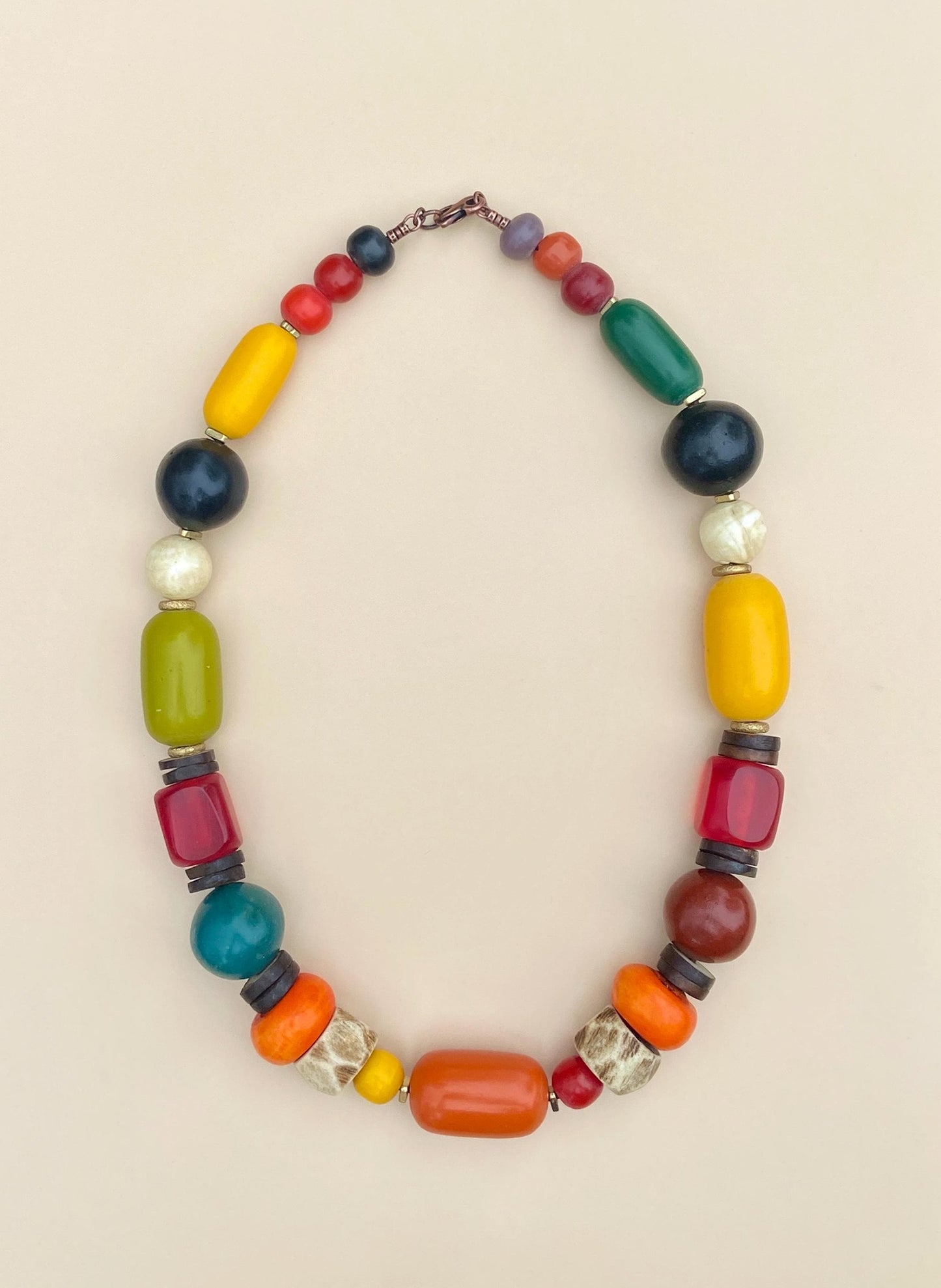 Mixed Media Necklace with Amber Resin Kenya Beads, Bone, Naga Conch & Coconut Heishi Beads