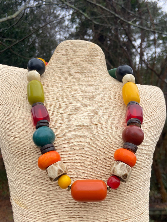 Mixed Media Necklace with Amber Resin Kenya Beads, Bone, Naga Conch & Coconut Heishi Beads