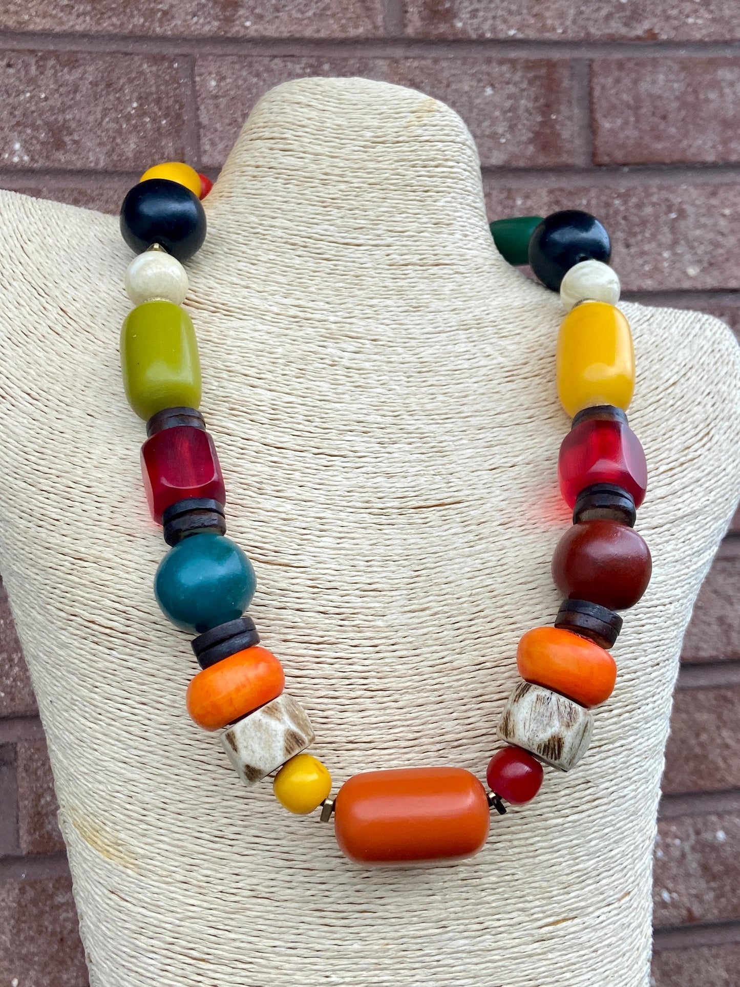 Mixed Media Necklace with Amber Resin Kenya Beads, Bone, Naga Conch & Coconut Heishi Beads