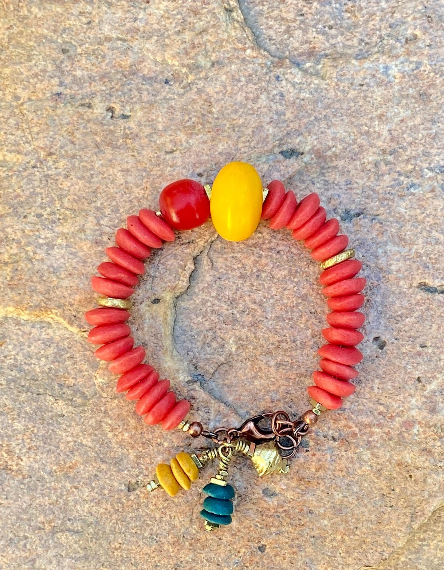 Red Ashanti and Colorful Kenya amber Resin Bead Bracelet