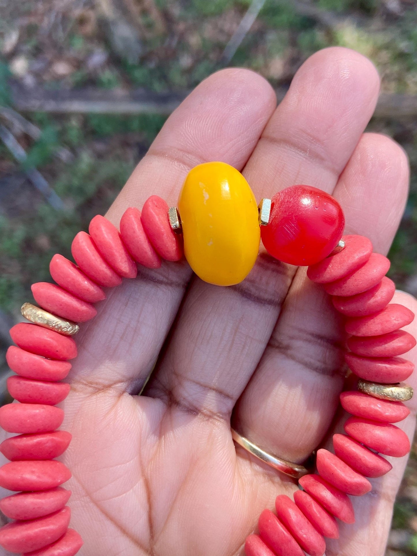 Red Ashanti and Colorful Kenya amber Resin Bead Bracelet