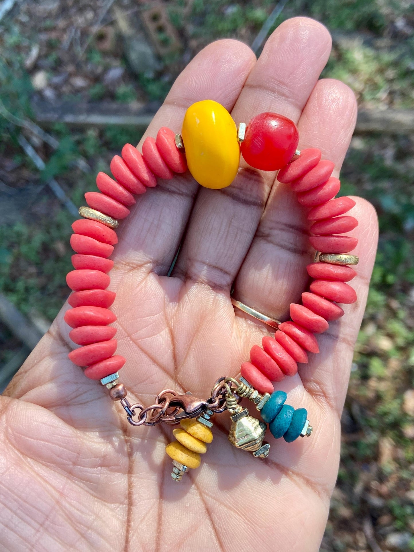 Red Ashanti and Colorful Kenya amber Resin Bead Bracelet