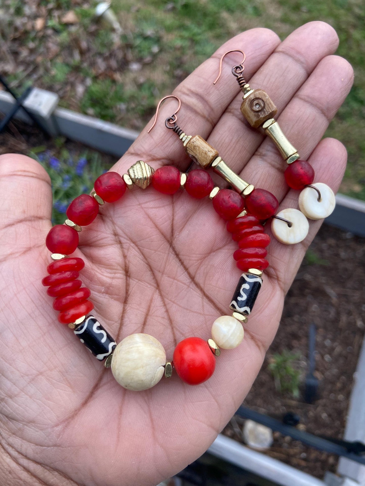 Fiery Red Recycled Glass Bracelet with Naga Shell, Calcite Gemstone, and Amber Resin Focal