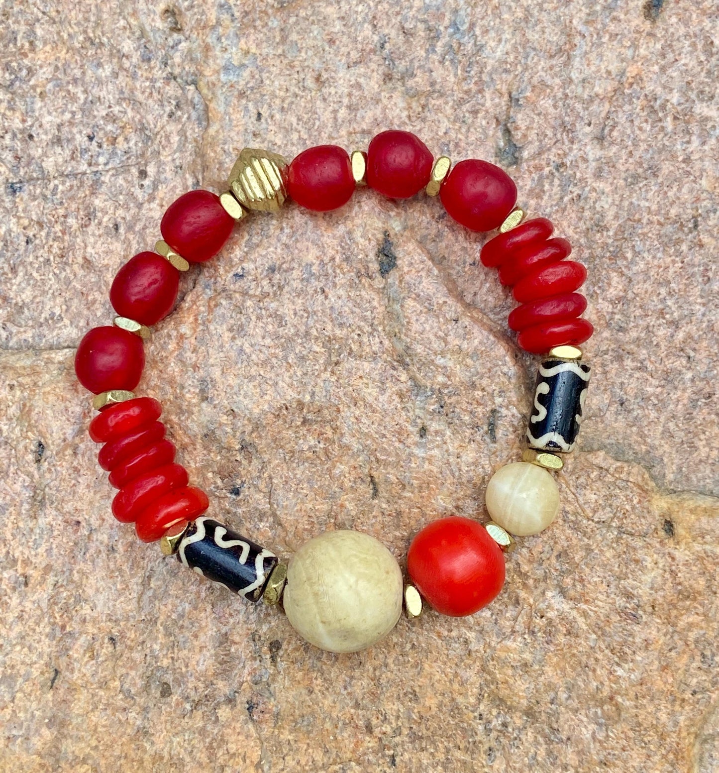 Fiery Red Recycled Glass Bracelet with Naga Shell, Calcite Gemstone, and Amber Resin Focal