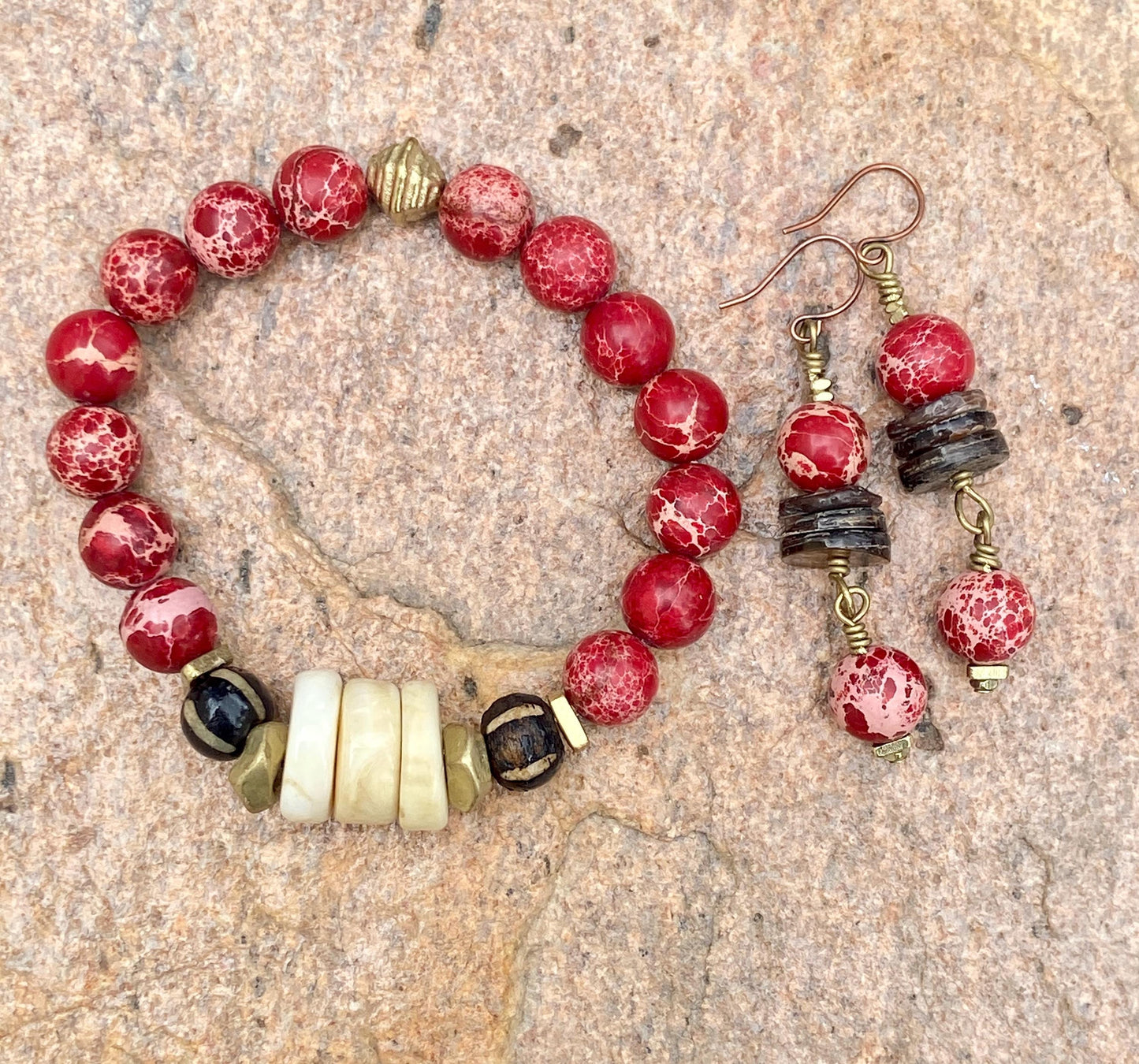Red Sea Sediment Jasper & Naga Conch Shell Bracelet with Pumket Bone Beads