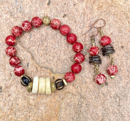 Red Sea Sediment Jasper & Naga Conch Shell Bracelet with Pumket Bone Beads