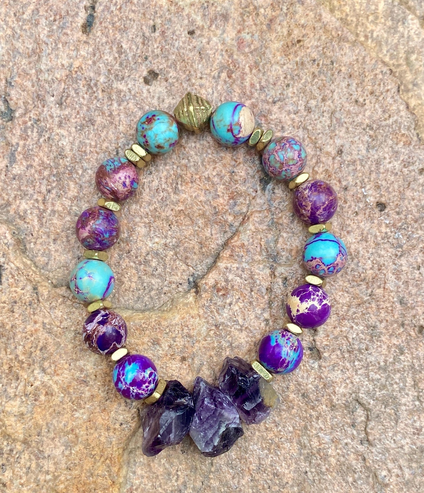 Galaxy Sea Sediment Jasper Bracelet with Rough Cut Amethyst Beads