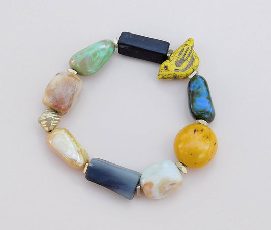 Boho Mixed Media Stretch Bracelet with Yellow Chirp