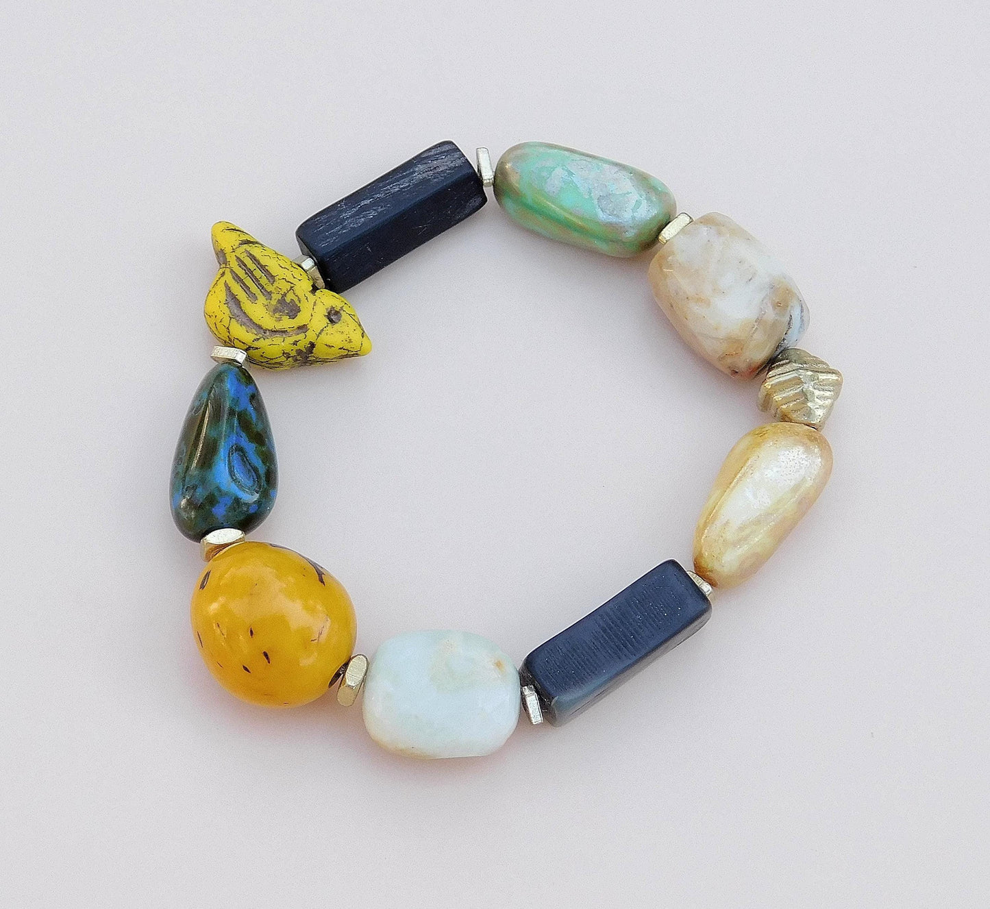Boho Mixed Media Stretch Bracelet with Yellow Chirp