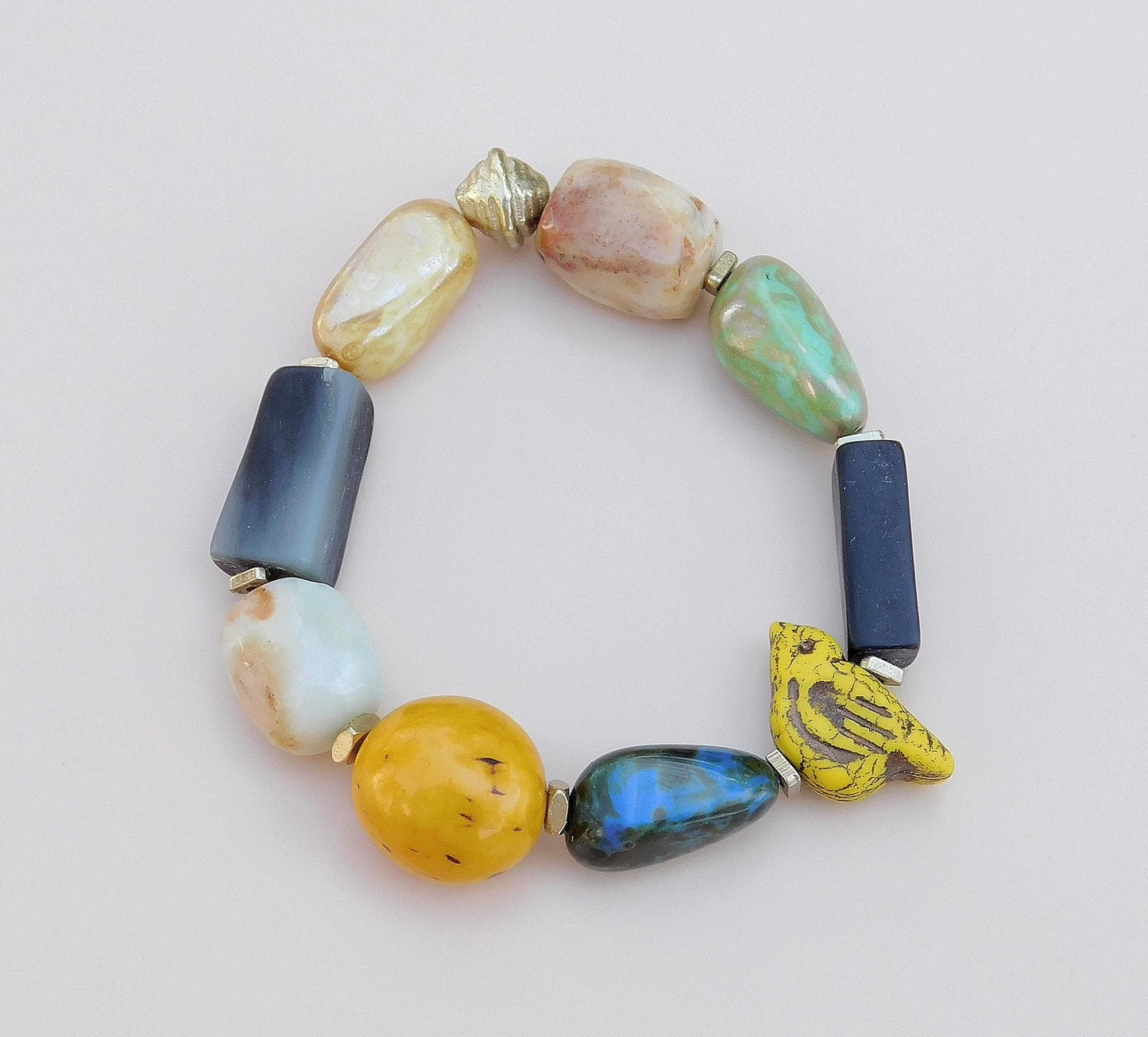 Boho Mixed Media Stretch Bracelet with Yellow Chirp