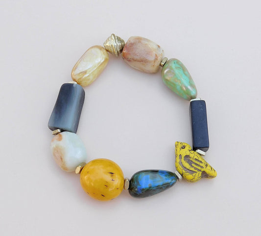 Boho Mixed Media Stretch Bracelet with Yellow Chirp