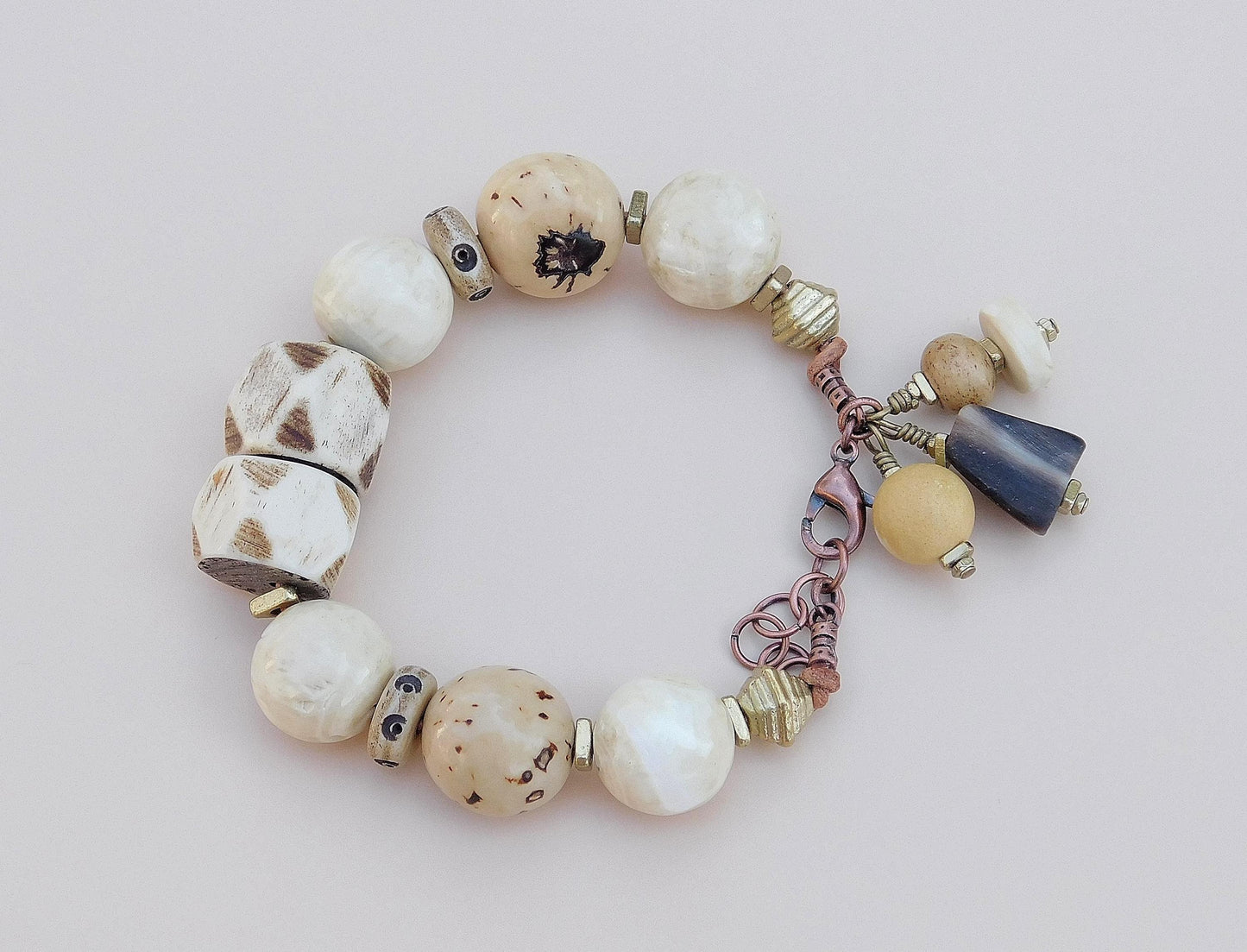 Tagua Seed Bead Bracelet: Naga Conch Shell, Bone & Brass