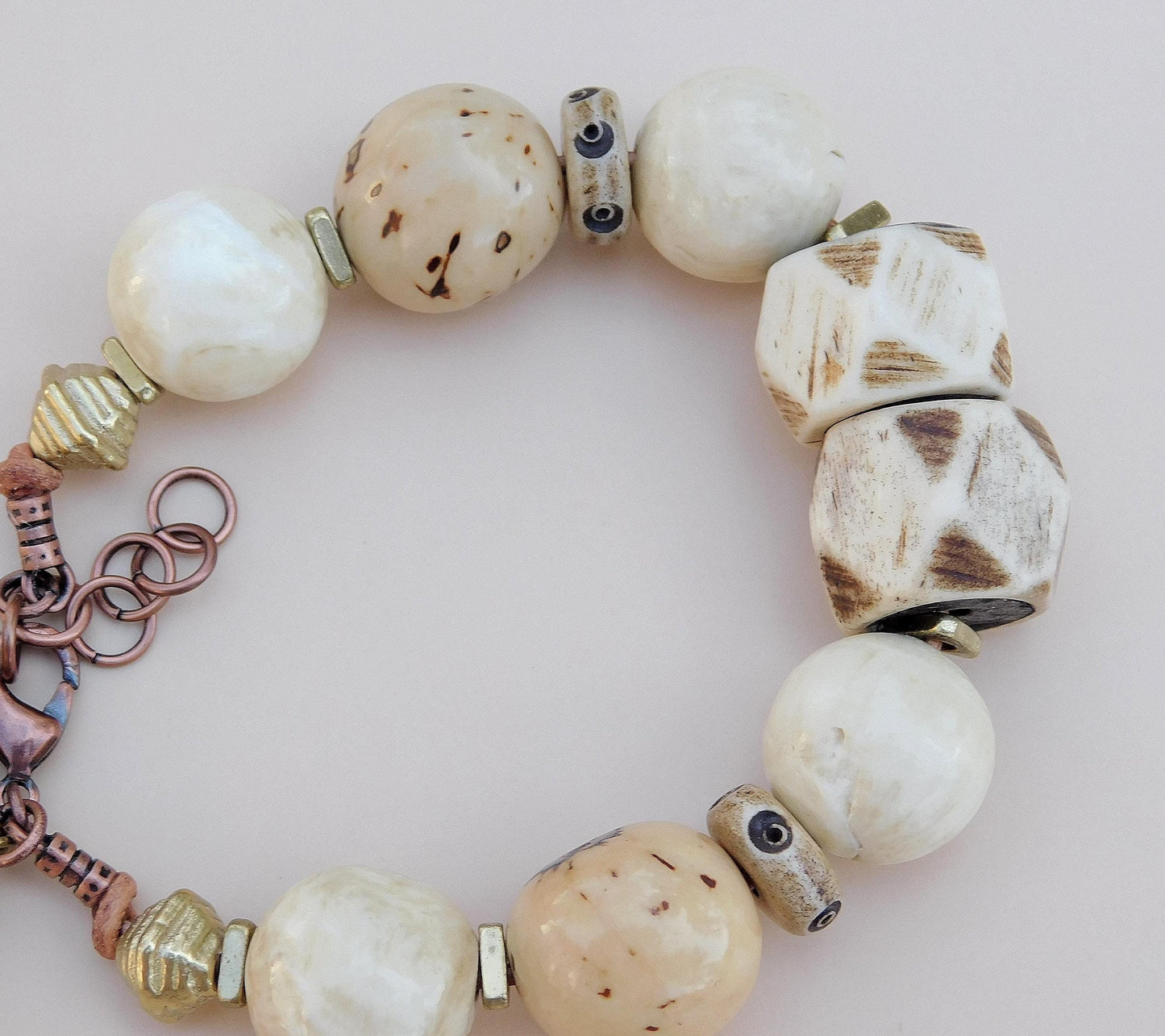 Tagua Seed Bead Bracelet: Naga Conch Shell, Bone & Brass