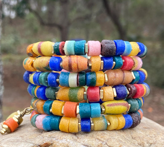 Rustic African Sandcast Beaded Bangle – Boho Gold‑Accented Bracelet