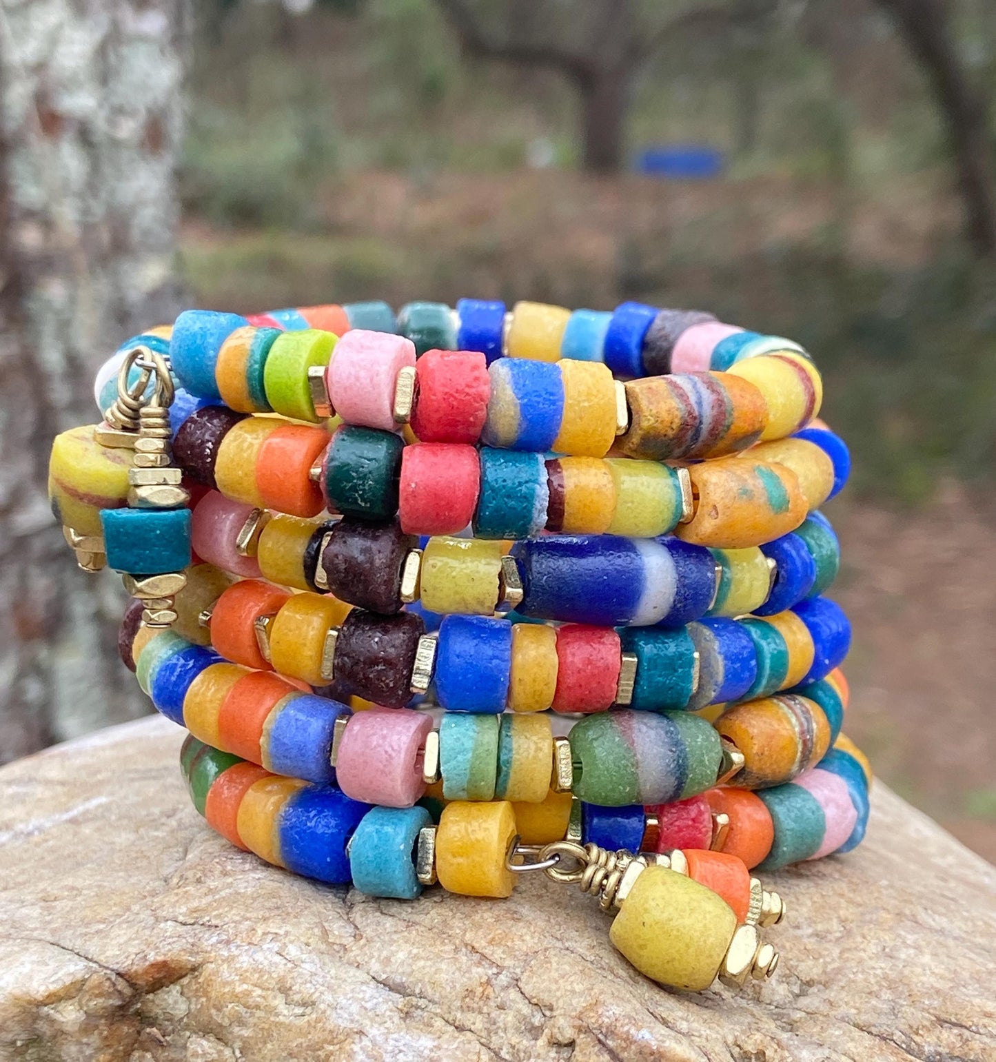 Rustic African Sandcast Beaded Bangle – Boho Gold‑Accented Bracelet