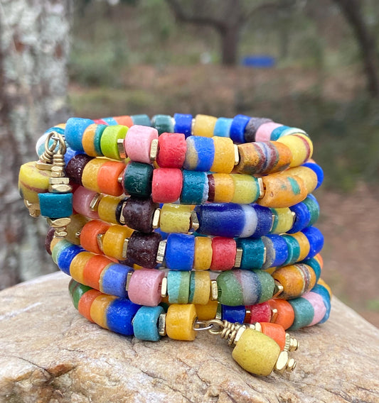 Rustic African Sandcast Beaded Bangle – Boho Gold‑Accented Bracelet