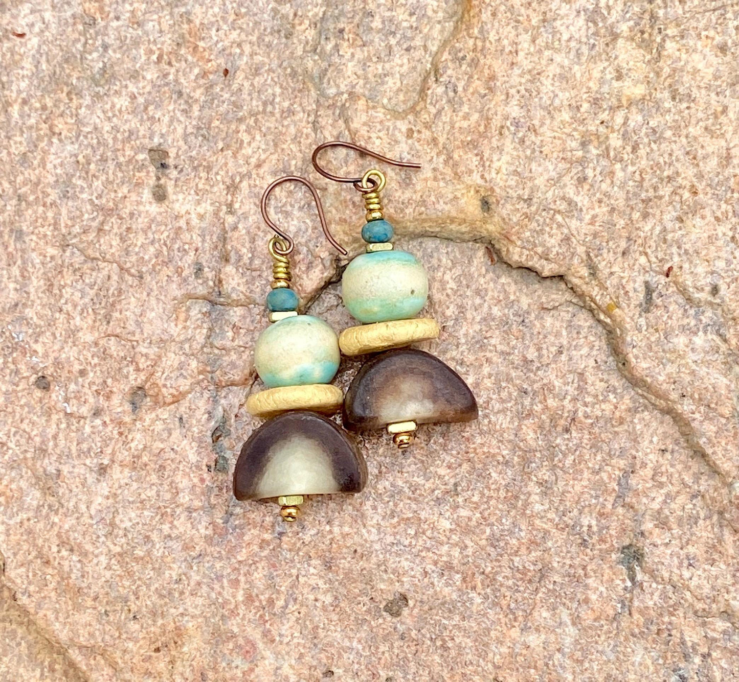 Boho Cloud Dancer Gemstone Bracelet – Amazonite, Pastel Ceramic Beads & Brass
