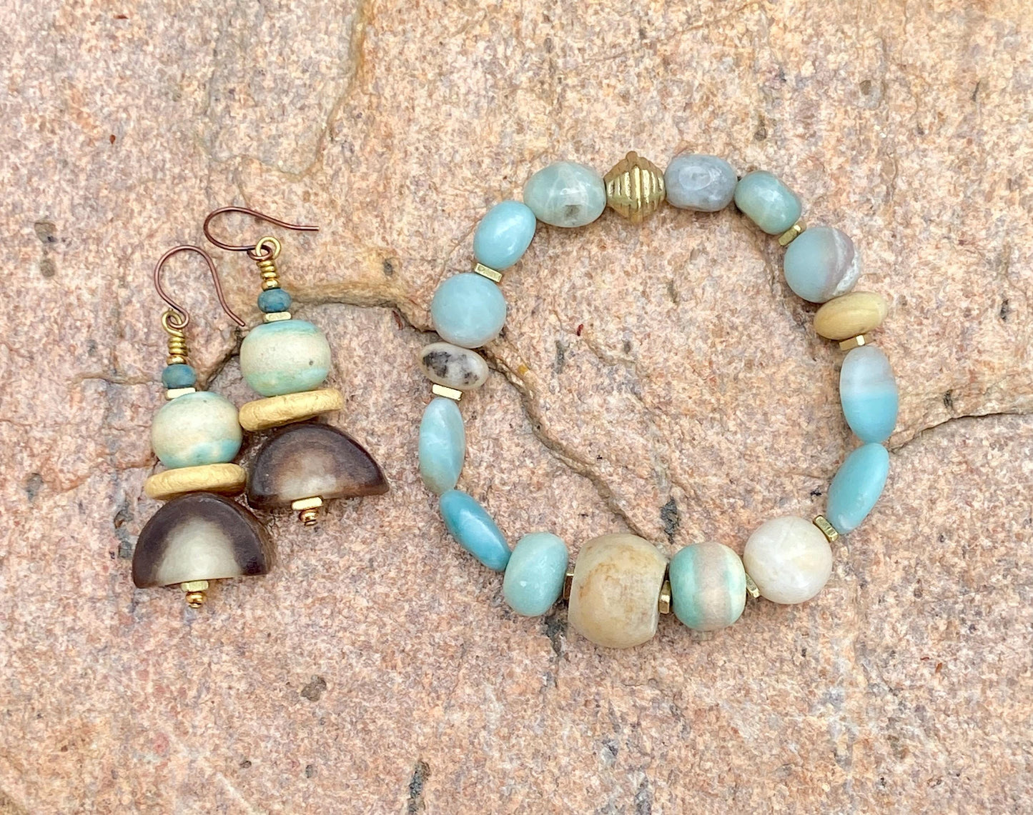 Boho Cloud Dancer Gemstone Bracelet – Amazonite, Pastel Ceramic Beads & Brass