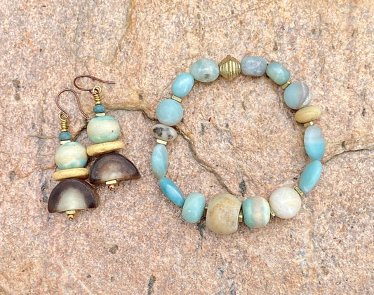 Boho Cloud Dancer Gemstone Bracelet – Amazonite, Pastel Ceramic Beads & Brass