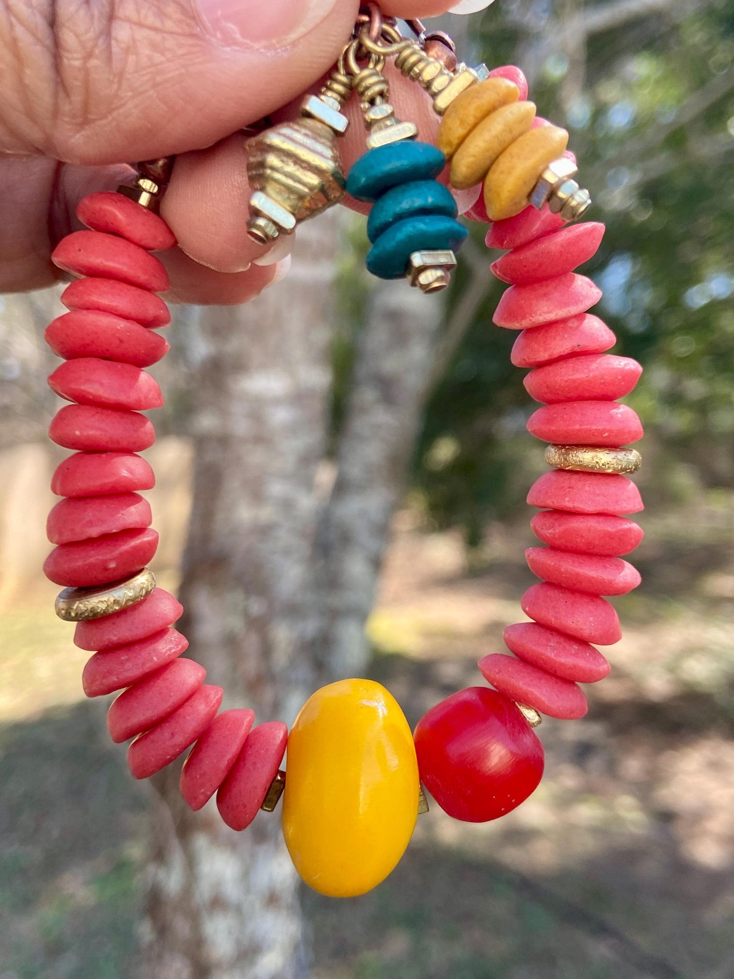 Red Ashanti and Colorful Kenya amber Resin Bead Bracelet
