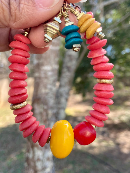 Red Ashanti and Colorful Kenya amber Resin Bead Bracelet