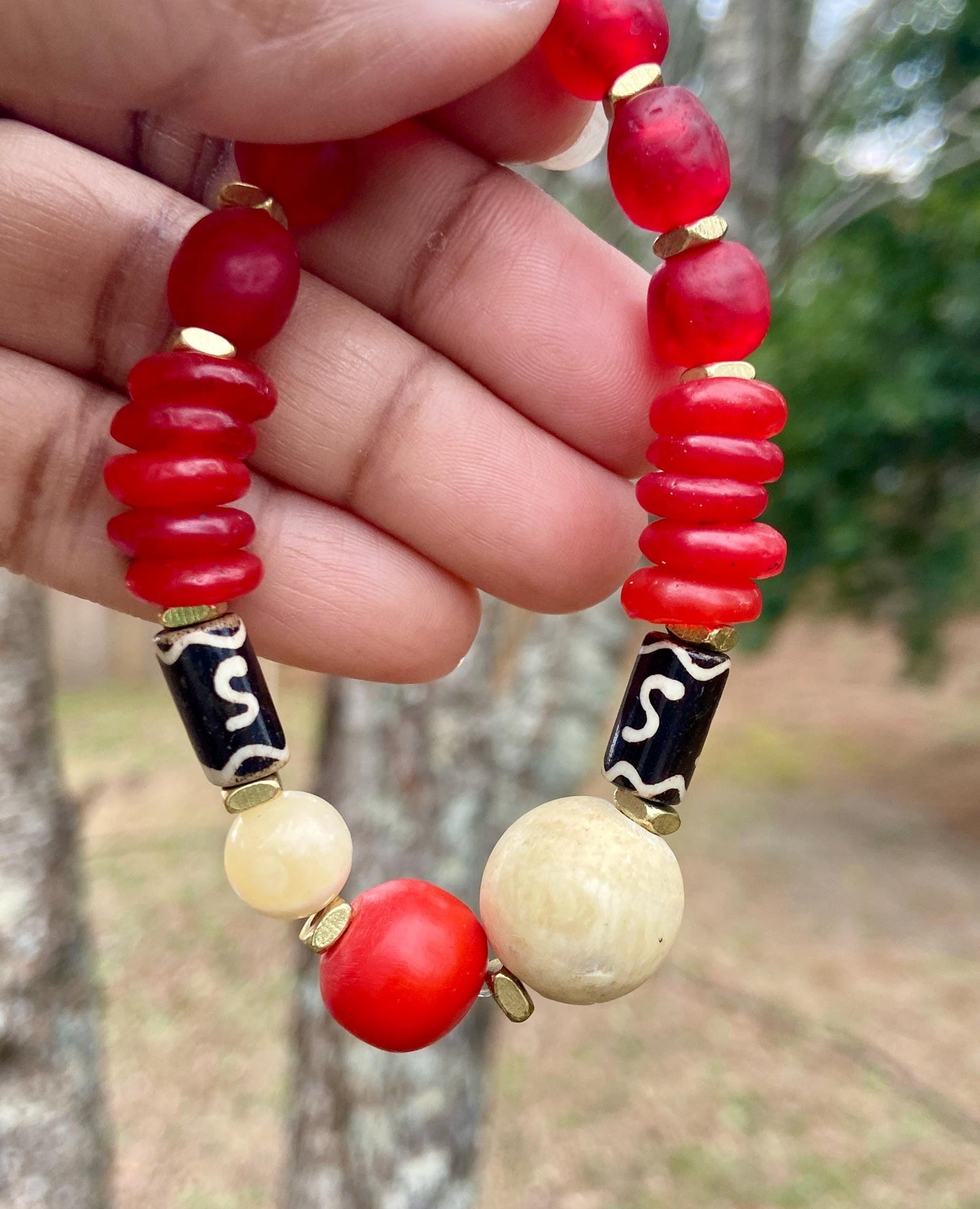 Fiery Red Recycled Glass Bracelet with Naga Shell, Calcite Gemstone, and Amber Resin Focal