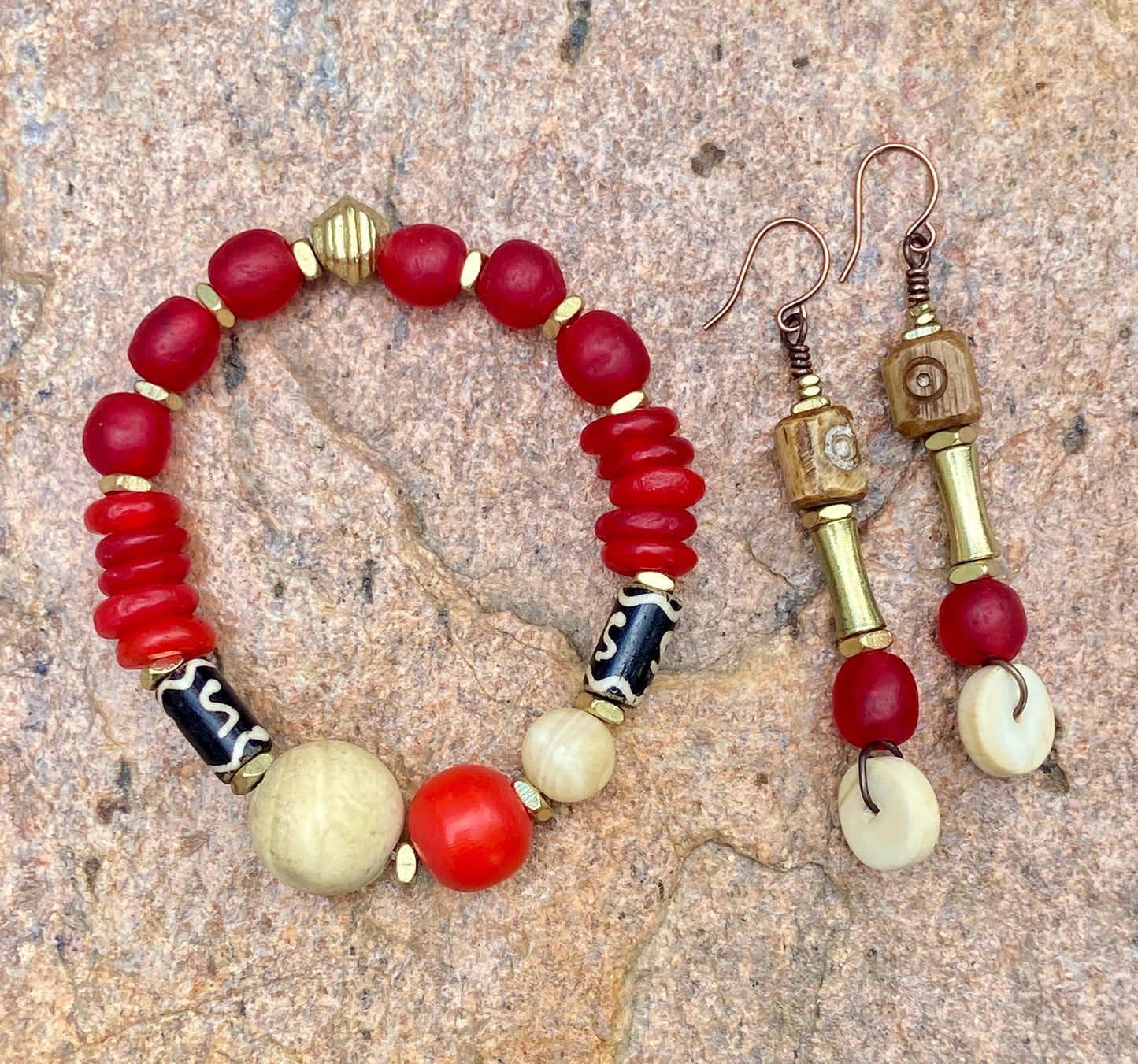 Fiery Red Recycled Glass Bracelet with Naga Shell, Calcite Gemstone, and Amber Resin Focal