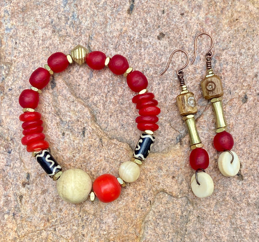 Fiery Red Recycled Glass Bracelet with Naga Shell, Calcite Gemstone, and Amber Resin Focal