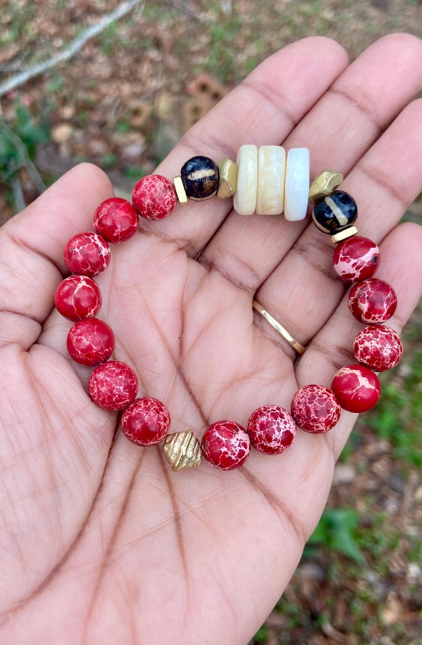 Red Sea Sediment Jasper & Naga Conch Shell Bracelet with Pumket Bone Beads