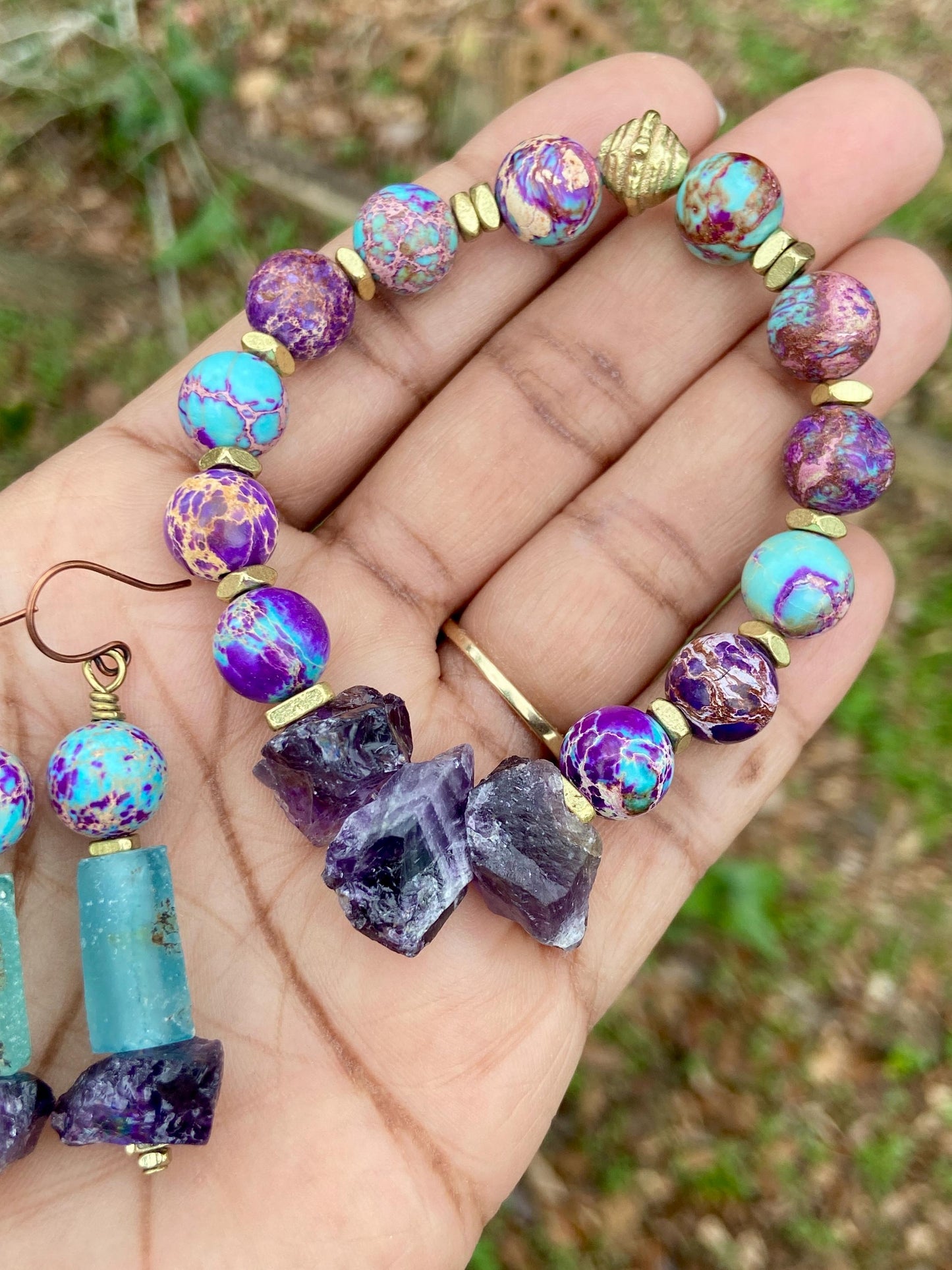 Galaxy Sea Sediment Jasper Bracelet with Rough Cut Amethyst Beads