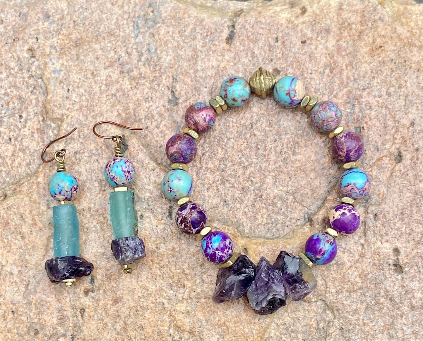 Galaxy Sea Sediment Jasper Bracelet with Rough Cut Amethyst Beads