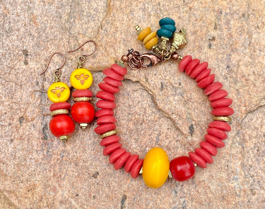 Red Ashanti and Colorful Kenya amber Resin Bead Bracelet