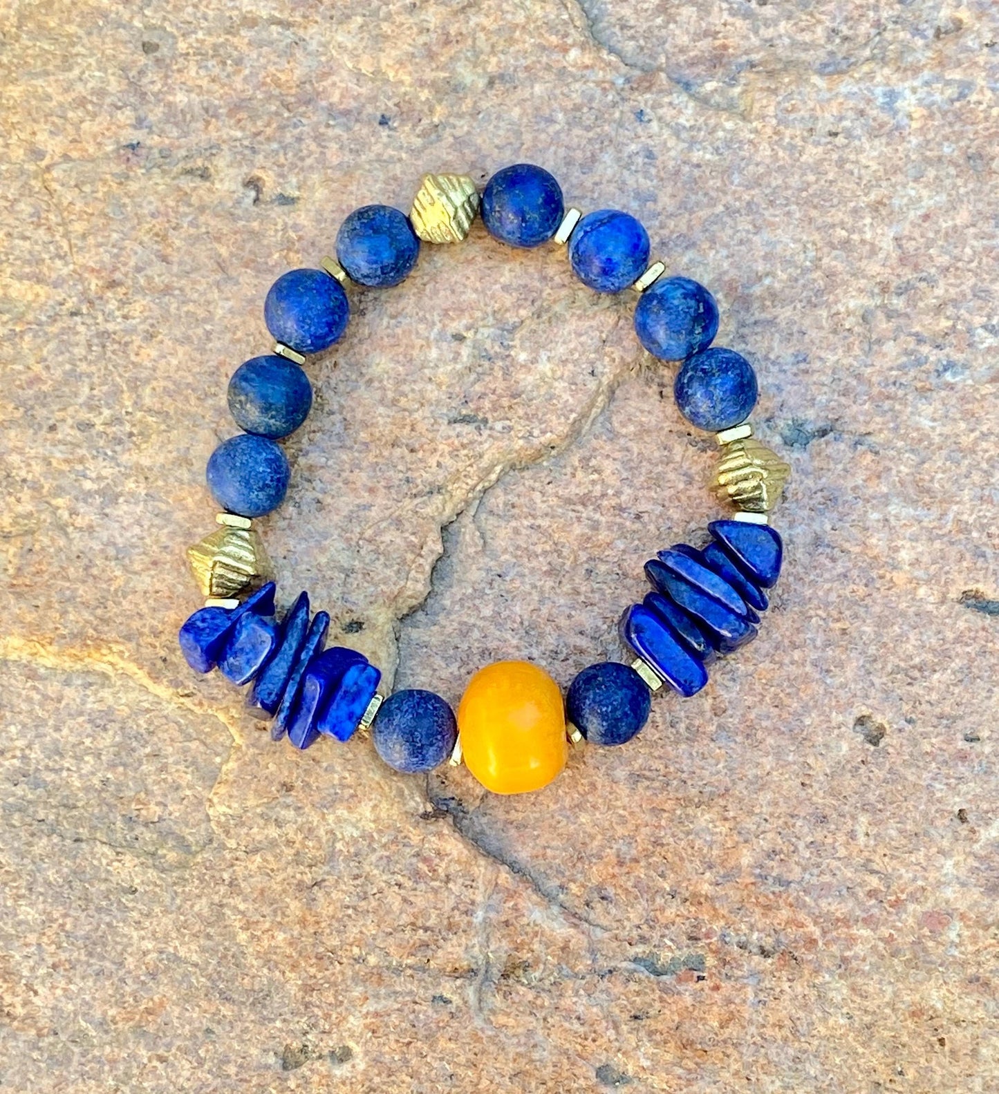 Deep Blue Lapis and Yellow Amber Resin Bead Bracelet