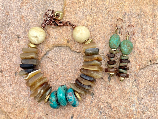 Bohemian Turquoise, Horn and Naga Conch Shell Bead Bracelet