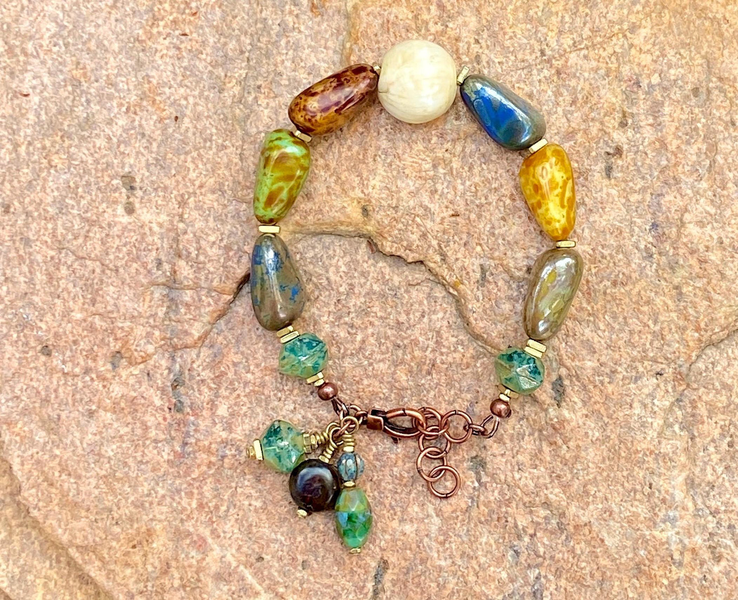 Boho Picasso Czech Nugget and Naga Shell Bracelet