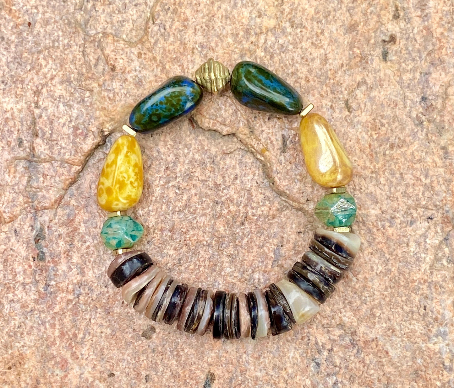 Boho Chunky Czech Nugget and Shell Stretch Bracelet