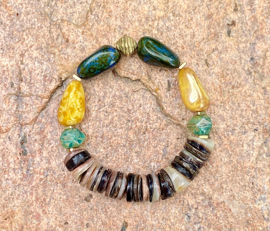 Boho Chunky Czech Nugget and Shell Stretch Bracelet